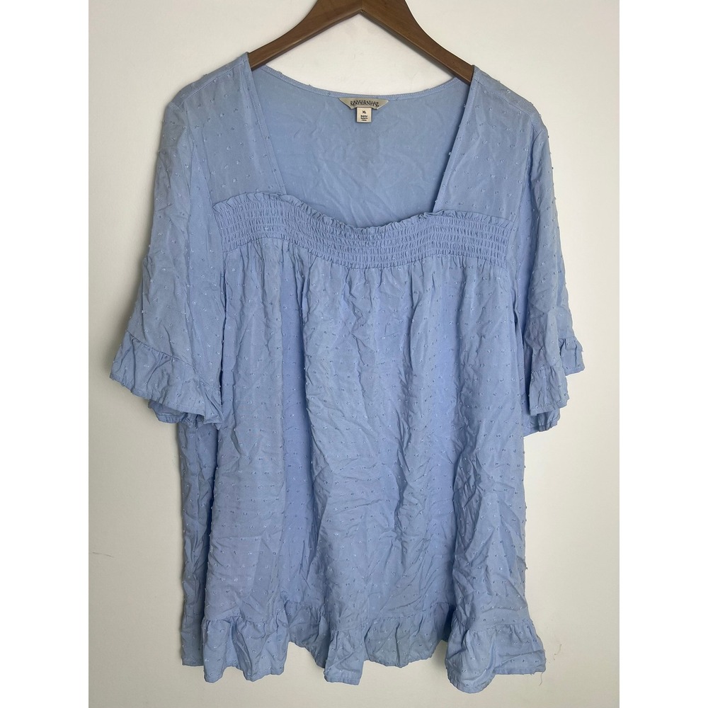 Destination Maternity Blue XL Dot Smocked Square Neck Ruffle Top Boho‎ Cottage